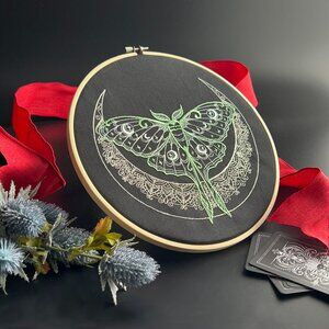 Embroidered Moth and Moon - Finished product, beautiful decor, great for gift!